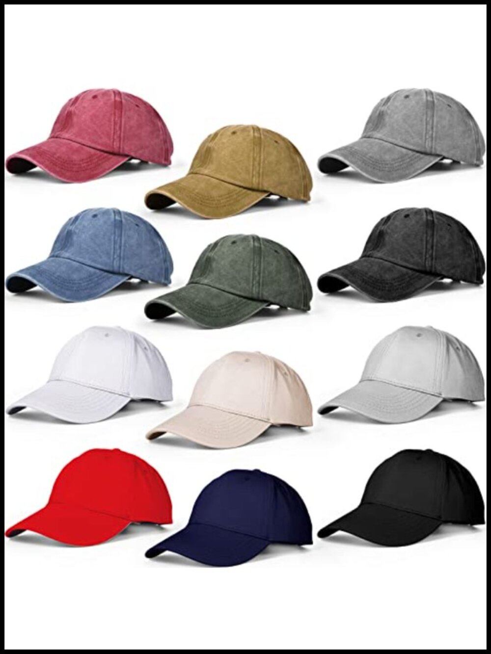 12 Pc Unisex Washed Cotton Baseball Caps Adjustable Solid Sport Hats